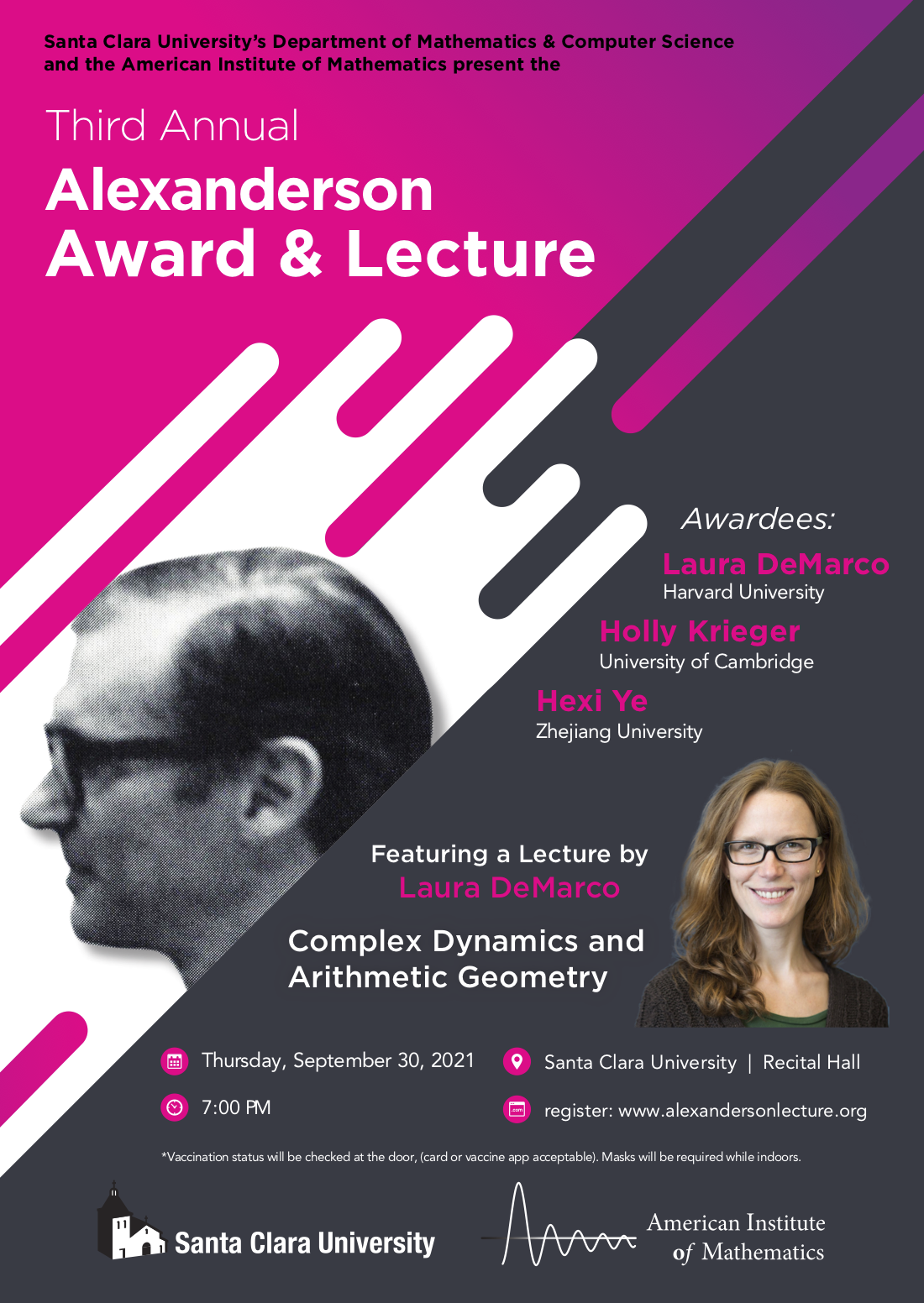 poster announcing the 2021 Alexanderson lecture 'Complex Dynamics and Arithmetic Geometry' by Laura DeMarco, to take place at 7pm on Thursday September 20 at Santa Clara University.